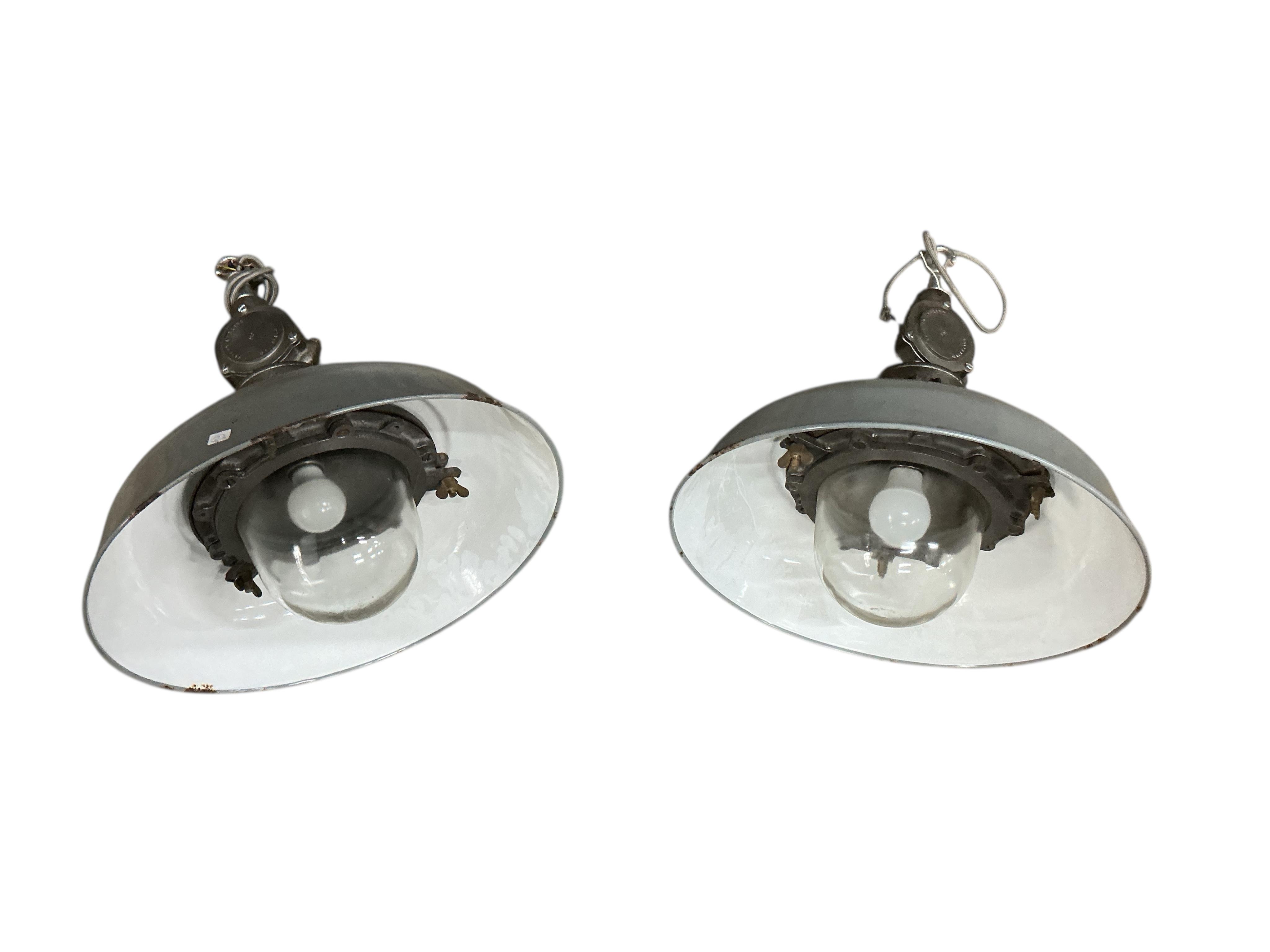 A pair of GEC grey enamel pendant ceiling lights, diameter 45cm, height 46cm